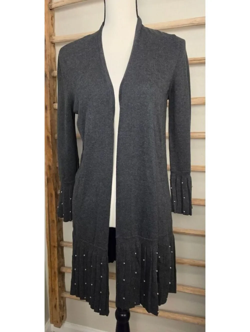 Chico's NWT Charcoal Gray Open Front Cardigan Pearl Pleated Bell Sleeve Sweater